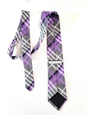 Geoffrey Beene Mens Silk Tie Purple Gray Plaid Check Geometric Woven Pattern